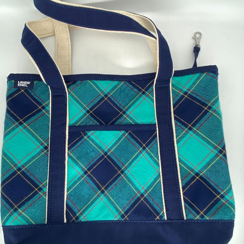 Lands End Plaid Tote Bag Canvas Open Top Seafoam Teal Green Blue 11 x 13 x 6 in